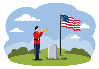 Adobe Illustrator Artwork Illustration for USA Memorial Day: Bugler playing Taps at a military grave with the American flag. Honoring fallen heroes with a solemn tribute