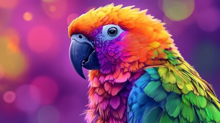 Vibrant rainbow parrot portrait against a bokeh background.