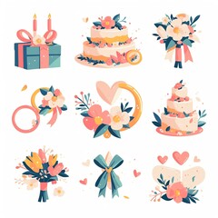 Fototapeta premium Celebrate Love Wedding Cakes, Bouquets, Rings, and Gifts Await