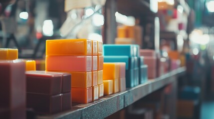 Colorful handmade soaps on market shelf in artisanal skincare product lifestyle scene