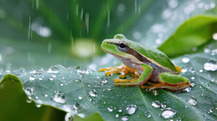 Obraz premium Green Tree Frog on Rain Covered Leaf in Summer Shower