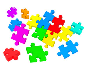 Colorful jigsaw puzzle pieces scattered on black background