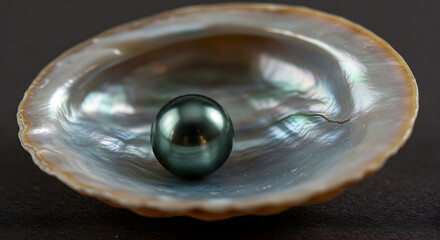 Obraz premium Elegant Black Pearl Inside a Pearlescent Oyster Shell on Dark Backdrop Emphasizing Smooth Texture and Lustrous Surface in Studio Lighting