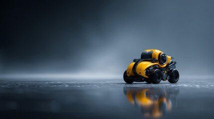 Fototapeta premium A sleek yellow robotic vehicle on a reflective surface in a misty environment.