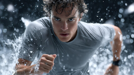 Fototapeta premium Determined Athlete Running Through Water Intense Fitness Motivational Sports Image