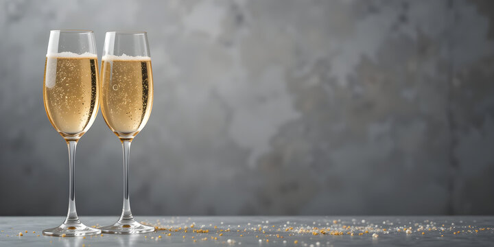 Glasses of sparkling wine on a gray background with area for text or design