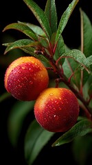 Obraz premium Vibrant fresh nectarines with water droplets on tree branch
