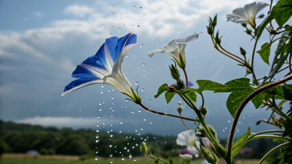 Vibrant Blue and White Morning Glory Flowers Covered in Dew Drops