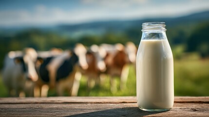 A bottle of milk sits on wood with cows and a green field behind.
