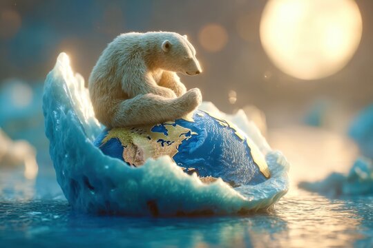 A polar bear is sitting on top of a globe that is floating in the water - Powered by Adobe