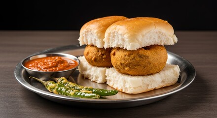 Serving Vada Pav with Chutney and Green Chili Peppers