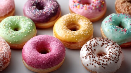 Assorted colorful donuts with frosting and sprinkles on a light surface.