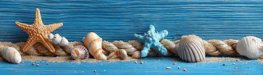 Beach scene on blue wooden with sand and colourful seashells concept. Colorful seashells and starfish arranged on a blue wooden background.