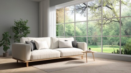 3D Render of a Scandinavian Modern Living Room with Cozy Design and Natural Light