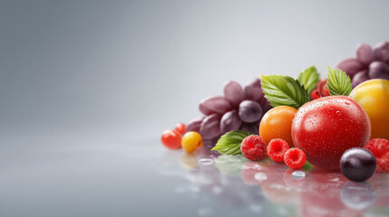 A vibrant arrangement of assorted fresh fruits displayed elegantly on a smooth surface.