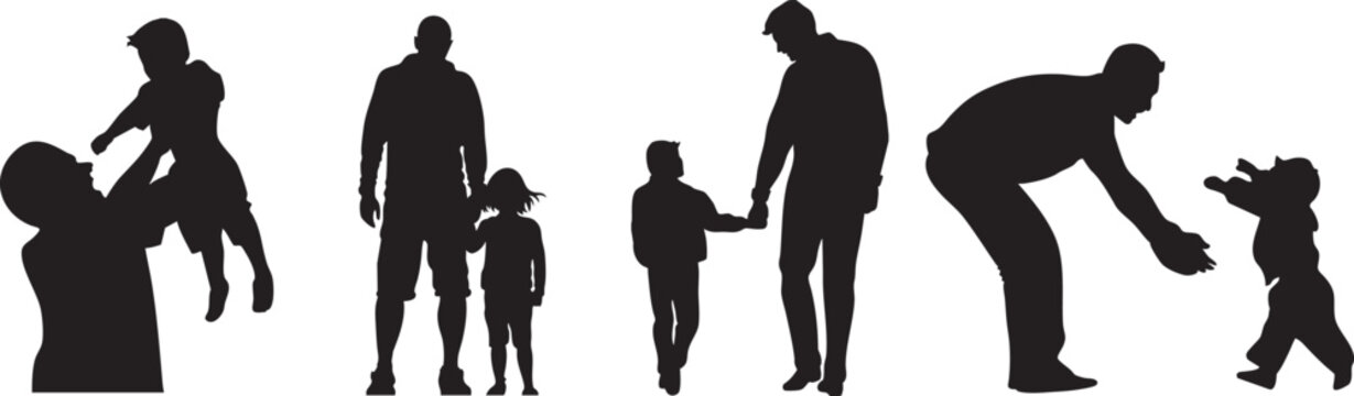 vector silhouette of a father's day,father, father and child, father and children, father silhouette,  silhouettes of father and children in various poses