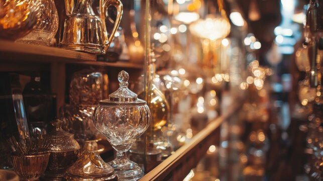 Antique glassware and reflective lights in vintage apothecary store with bokeh holiday feel