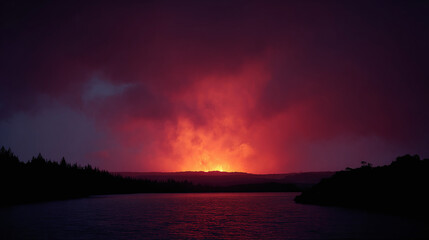 Obraz premium Fiery Volcano Sunset over a Lake