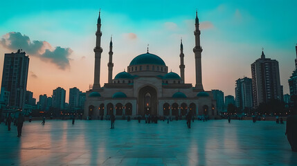 Naklejka premium Mosque Sunset Cityscape: Stunning View