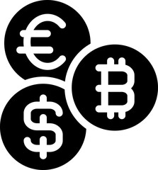 Currency icons featuring dollar, euro, and bitcoin. Silhouette style.