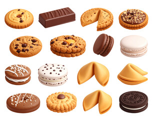 An assortment of sweet treats, including cookies, chocolate, macarons, and fortune cookies