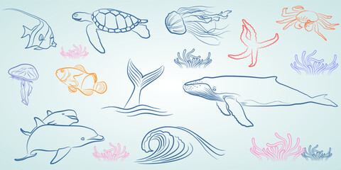 Vector Line Art of Sea Animals and Ocean Life Illustration