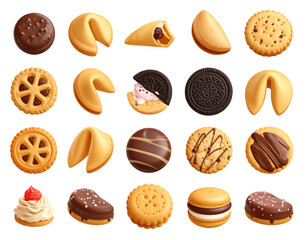 An assortment of various cookies and fortune cookies, displayed in a grid.  Close-up view showcasing different shapes, flavors, and textures