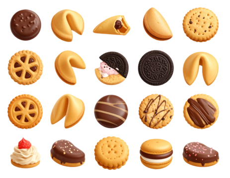 An assortment of various cookies and fortune cookies, displayed in a grid.  Close-up view showcasing different shapes, flavors, and textures