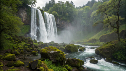 Fototapeta premium Waterfall is surrounded by rocks and trees