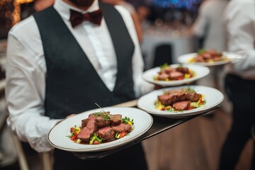 Elegant Waiter Serving Gourmet Dishes at Formal Event &ndash; Exquisite Meat Platter with Fresh Herbs & Garnishes in Upscale Dining Setting