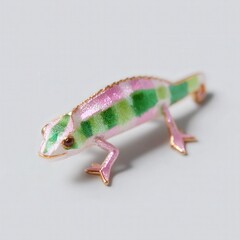 Cute 3D chameleon with rainbow glass skin, standing on leaf