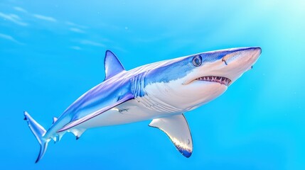 Fototapeta premium A fearless shark gliding serenely just below surface levels prior to shutting eyes completely, marine majesty immortalized impressively