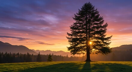 Sunrise over a solitary pine tree