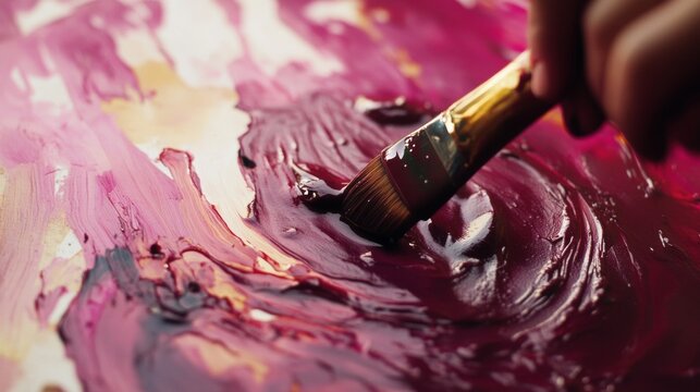 Closeup brush mixing pink and red paint on canvas in expressive abstract artistic process