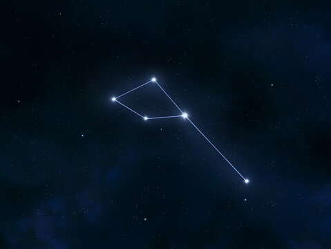 Delphinus constellation in the starry night sky. Cluster of stars connected by lines. Astrological signs.