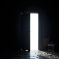 Dark room door opening to a flood of bright white light