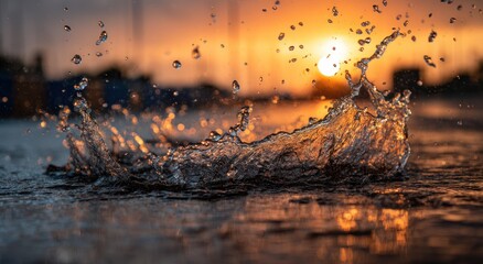 Water splash with drops in the foreground against blurred background at sunset.