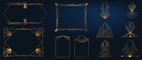 Collection of geometric art deco ornament. Luxury golden decorative element with different line, frame, headers, dividers, borders, gatsby. Set of elegant design suitable for card, invitation, poster.