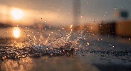 Water droplets splash on a surface with a blurred background and warm light.