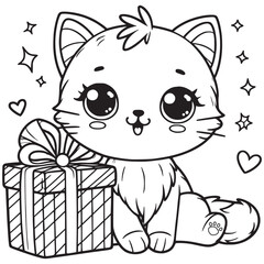 Kitten on gift boxes, surrounded by floating hearts.