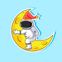Sticker of Cute Astronaut Sleeping in the Moon Vector Illustration Cartoon Design