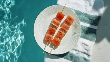 Freshly prepared watermelon slices on wooden skewers ready for a summer poolside snack experience