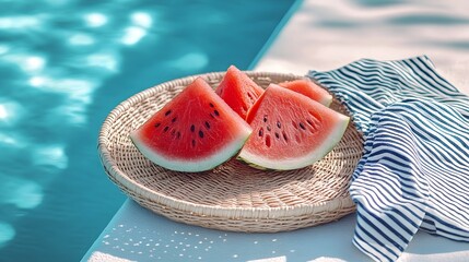 Fresh watermelon wedges rest on a wicker plate beside a shimmering pool during a sunny afternoon gathering