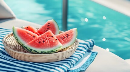 Fresh juicy watermelon wedges on a wicker plate by a sparkling poolside, perfect for summer relaxation and enjoyment with friends and family