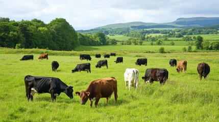 Naklejka premium Cows grazing in a lush green field