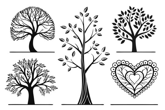 Decorative Tree Vector Silhouettes and Heart Symbol in Black and White, Arbor Day or Valentine's Day Concepts.