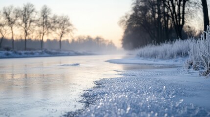 Frozen waterway at dawn, a winter wonderland scene.