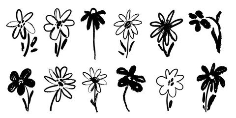 Ink Crayon Marker Gouache flowers hand drawn sketches illustrations. Dry brush stroke simple minimalistic floral doodles isolated on white for cosmetics, kid education.