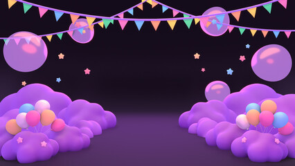 3D render cartoon carnival balloons party night.