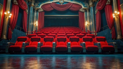 Luxurious empty theater with plush red velvet seats and golden decor glows under warm lights, awaiting an audience evoking elegance, anticipation, and timeless cinematic charm